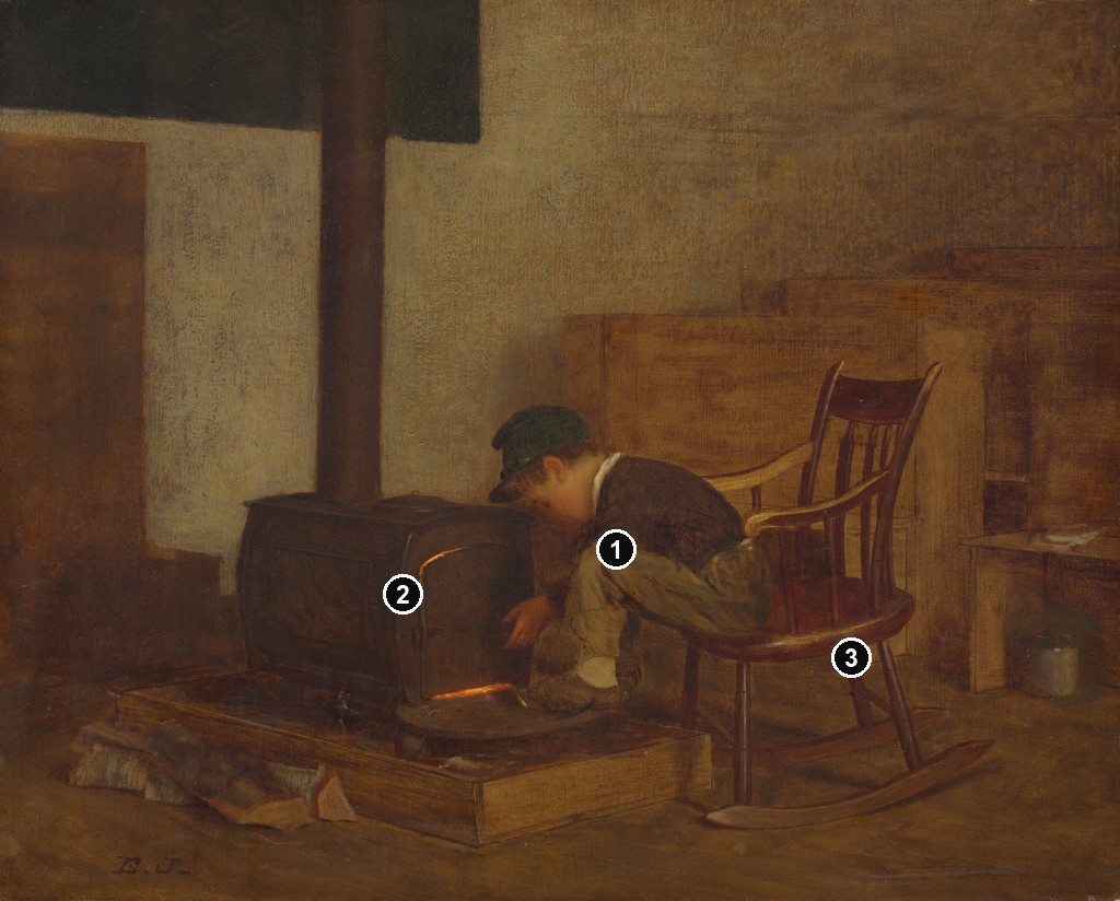 Annotated details from The Early Scholar by Eastman Johnson